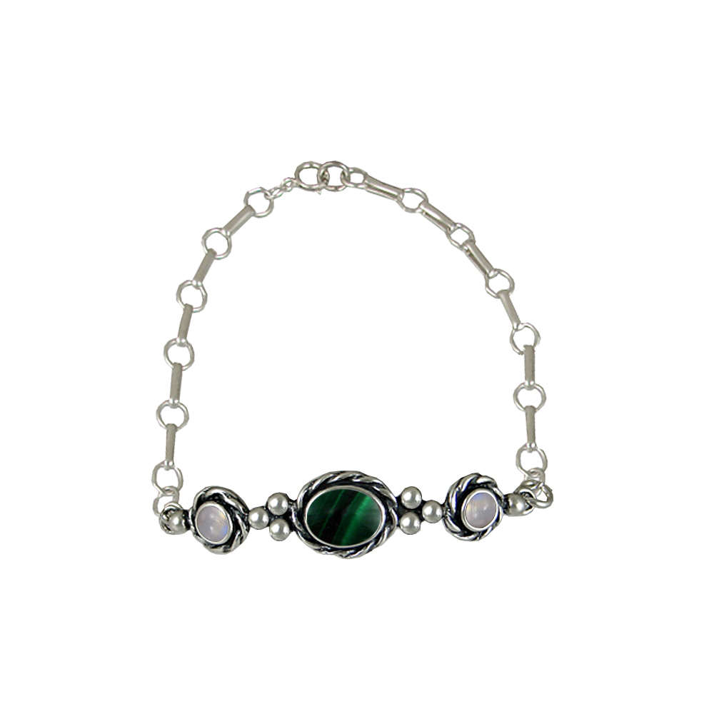 Sterling Silver Gemstone Adjustable Chain Bracelet With Malachite And Rainbow Moonstone